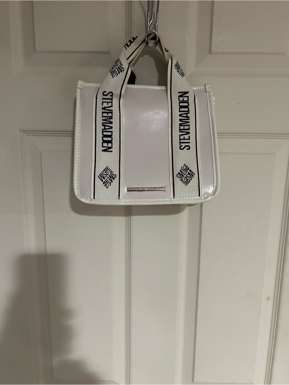 Steve Madden White Patent Shoulder Tote with Branded Straps